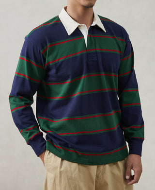 Classic Fit Striped Jersey Rugby Shirt - Green/Navy/Red