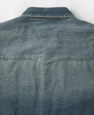 Blue slub denim western shirt back yoke with center seam and collar