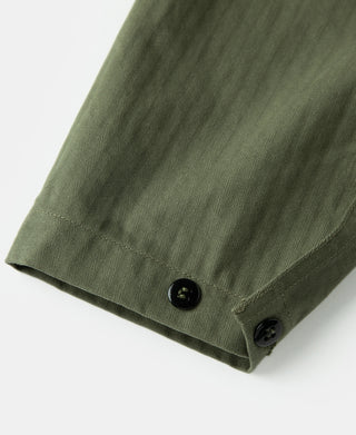 Olive utility jacket sleeve cuff with two black button closures
