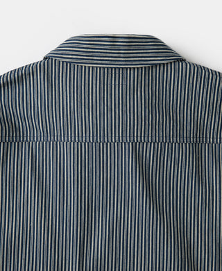 Striped cossack jacket back with stand collar and blue-and-cream vertical stripes
