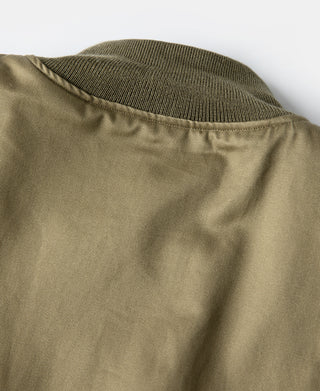 Olive-green bomber jacket back with rib-knit collar and smooth zip placket