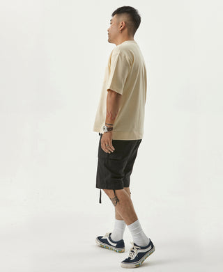 Apricot cotton pocket t-shirt, crewneck, short sleeves, side view