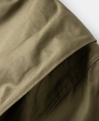 Olive-green jacket sleeve detail with stitched panel and dark inner trim