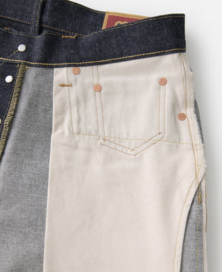Indigo denim jeans waistband and coin pocket with copper rivet details