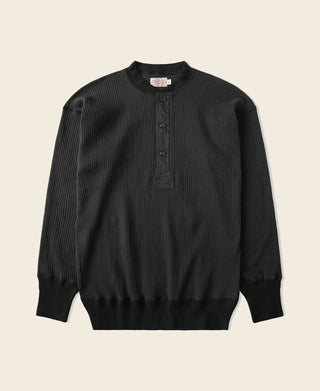 Ribbed Long Sleeve Henley T-Shirt - Black