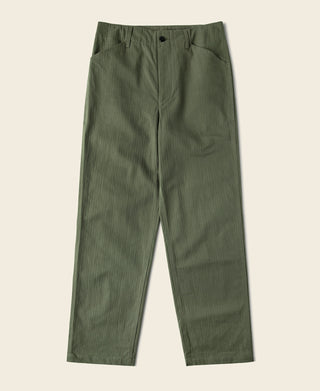 Olive utility pants with button waist and straight leg hem, USN N-3 style.