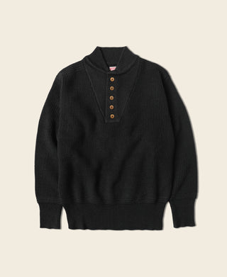 Black wool high-neck sweater with front button placket and ribbed cuffs