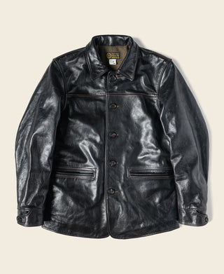Black horsehide leather brakeman coat, front view with button closure and zip pockets