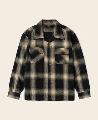 Brushed cotton ombre check sports shirt in black and beige, button-front with collar and pockets