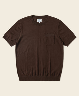Coffee-brown jersey knit pocket T-shirt, short sleeves, crew neck