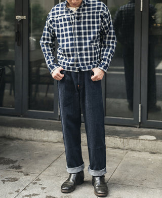 Plaid button-front work jacket with standing collar and chest pocket