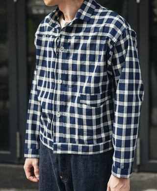 Plaid work jacket with button front and single chest pocket