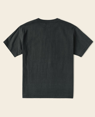 Vintage black crew-neck tubular athletic T-shirt, short sleeves, back view.