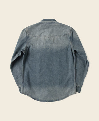 Blue slub denim western shirt back view with yoke and long sleeves