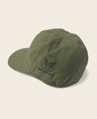 Olive A-3 flight cap featuring Army Air Force winged emblem on side panel
