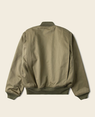 Yellow-green bomber-style tanker jacket with ribbed stand collar, back view.