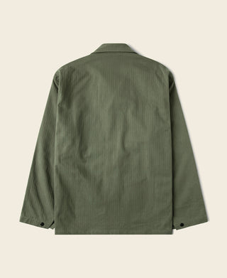Olive utility jacket, back view, buttoned front and stand collar