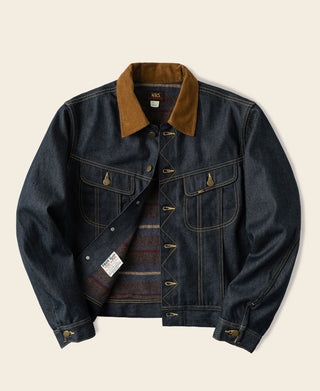 Indigo denim jacket with brown corduroy collar and front snap buttons, chest flap pockets