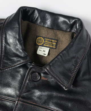 Black leather coat collar, button closure and brown wool lining