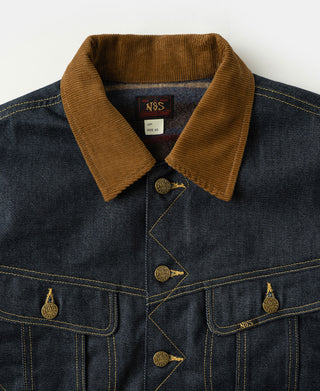 Denim jacket close-up: brown corduroy spread collar with button placket and yellow stitching