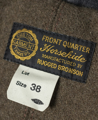 Coat labels showing Front Quarter Horsehide, Rugged Bros. and size 38