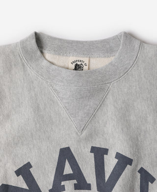 Gray sweatshirt neckline with V-stitch seam and partial NAVY graphic