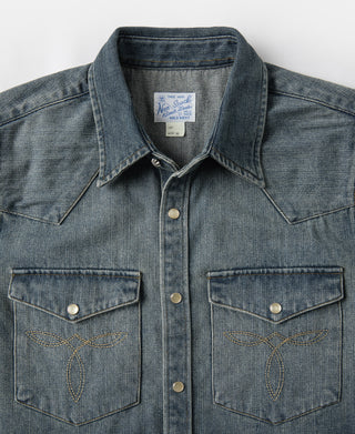 Blue slub denim western shirt collar with snap button and twin chest pockets