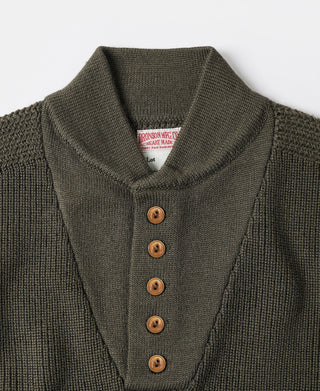 Olive wool high-neck sweater closeup with knit texture and wooden button placket