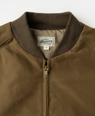 Brown bomber jacket neckline with ribbed collar, front zipper placket, and brand patch.