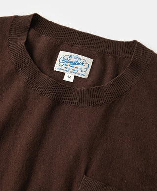 Coffee-brown crew-neck jersey knit T-shirt with ribbed collar and brand label