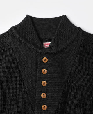 Black wool high-neck sweater detail: ribbed knit and tan button placket