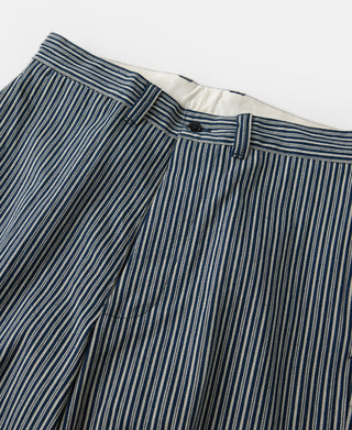 Striped waistband work pants with button-fly and belt loops.