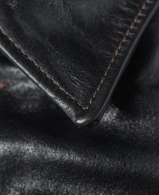 Close-up of the coat's leather collar edge and contrast stitching