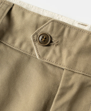 Close-up of khaki trouser pocket corner with round button and stitched trim.