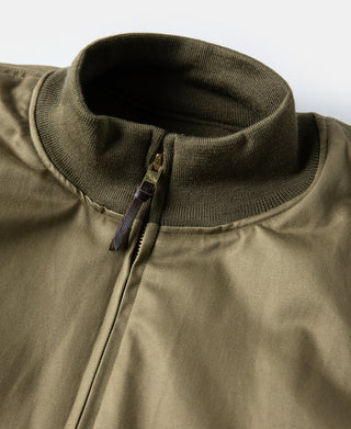 Yellow-green jacket with zip front and ribbed knit stand collar detail.