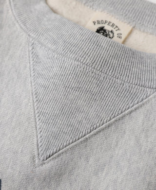 Gray sweatshirt close-up of V-stitch seam at the neckline