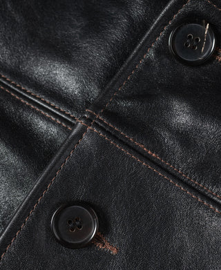 Close-up of black leather coat panels, brown stitching and buttons