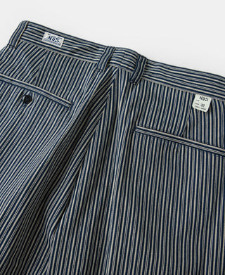 Striped work pants with pleats, back yoke, and square back label.