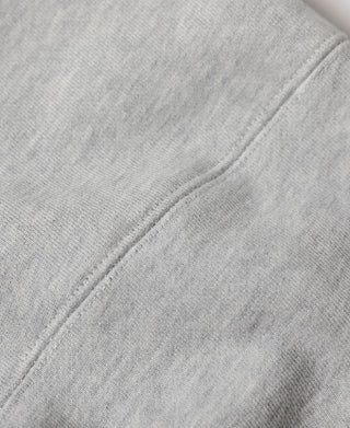 Gray sweatshirt close-up of textured fabric and stitched seam detail