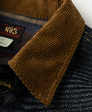 Brown corduroy cuff close-up on indigo denim jacket with textured collar fabric