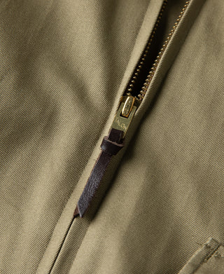 Yellow-green jacket brass zipper pull on stitched placket detail.