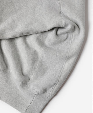 Gray crewneck sweatshirt front pouch pocket with visible stitching