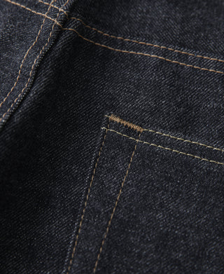 Denim jeans close-up of seam and pocket edge with contrast gold stitching