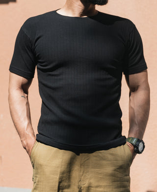 1950s Ribbed Cotton-Spandex Blend T-Shirt - Black