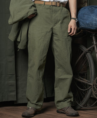 Olive utility pants with button fly and relaxed straight fit
