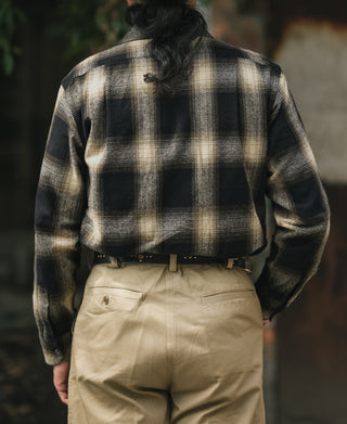 Brushed cotton sports shirt back with ombre black/beige plaid and full-length placket