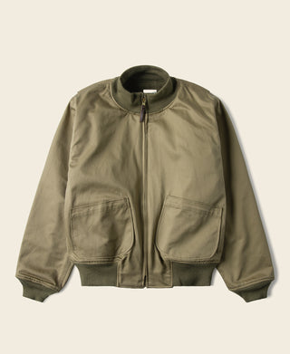 Olive-green bomber jacket with center zipper, stand collar, and two flap pockets