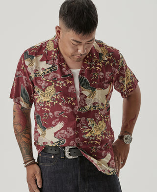 Ukiyo-e Tiger & Crane Pattern Aloha Shirt - Wine Red