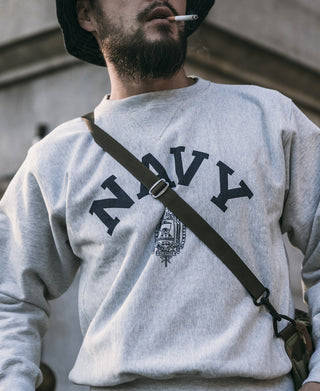 Gray sweatshirt with large NAVY graphic and crest on the back
