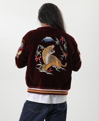 Wine reversible acetate souvenir jacket worn, back embroidery with tiger and birds